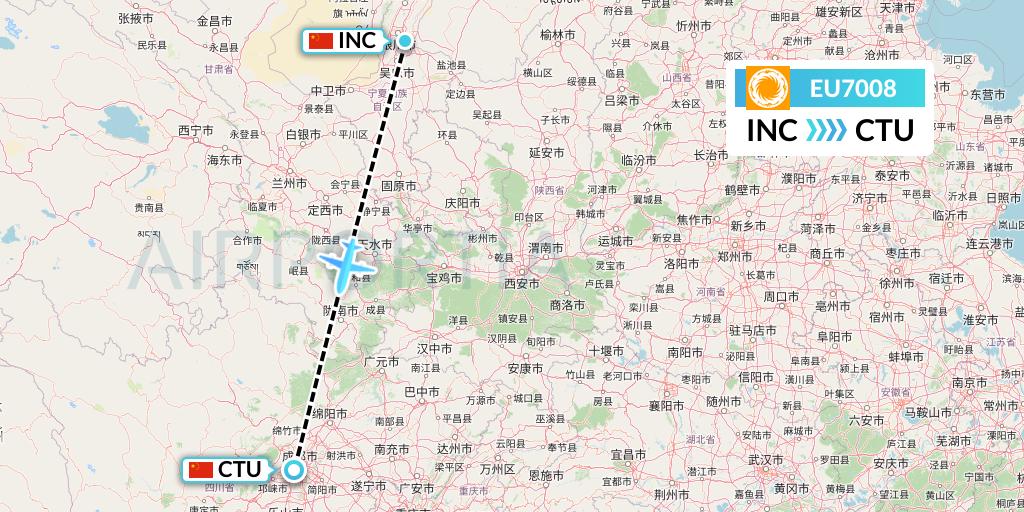 EU7008 Chengdu Airlines Flight Map: Yinchuan to Chengdu