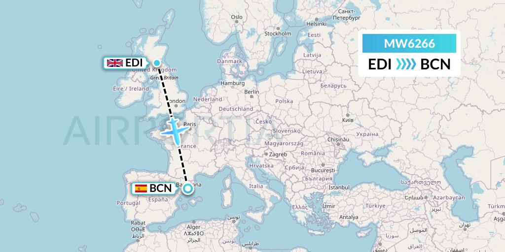 MW6266 Mokulele Flight Service Flight Map: Edinburgh to Barcelona
