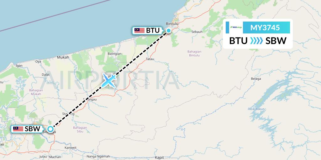 MY3745 MASwings Flight Map: Bintulu to Sibu