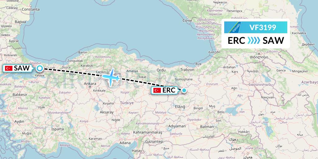 VF3199 ValuAir Flight Map: Erzincan to Istanbul