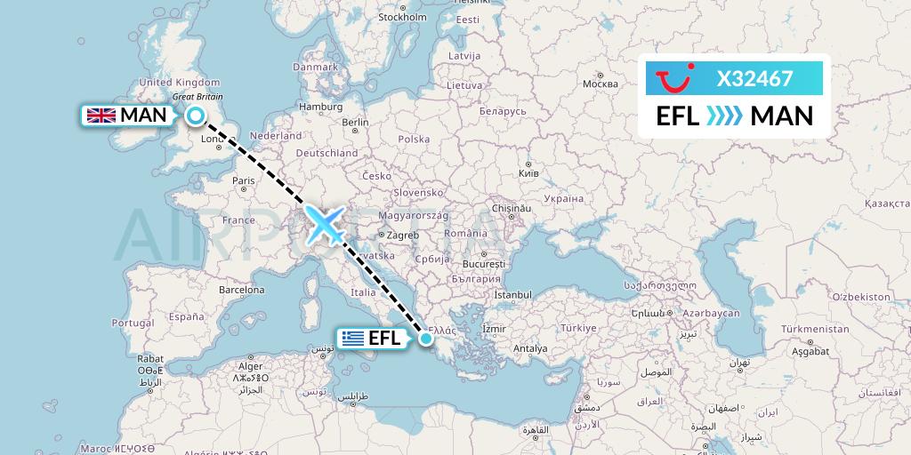 X32467 TUI fly Germany Flight Map: Kefalonia to Manchester