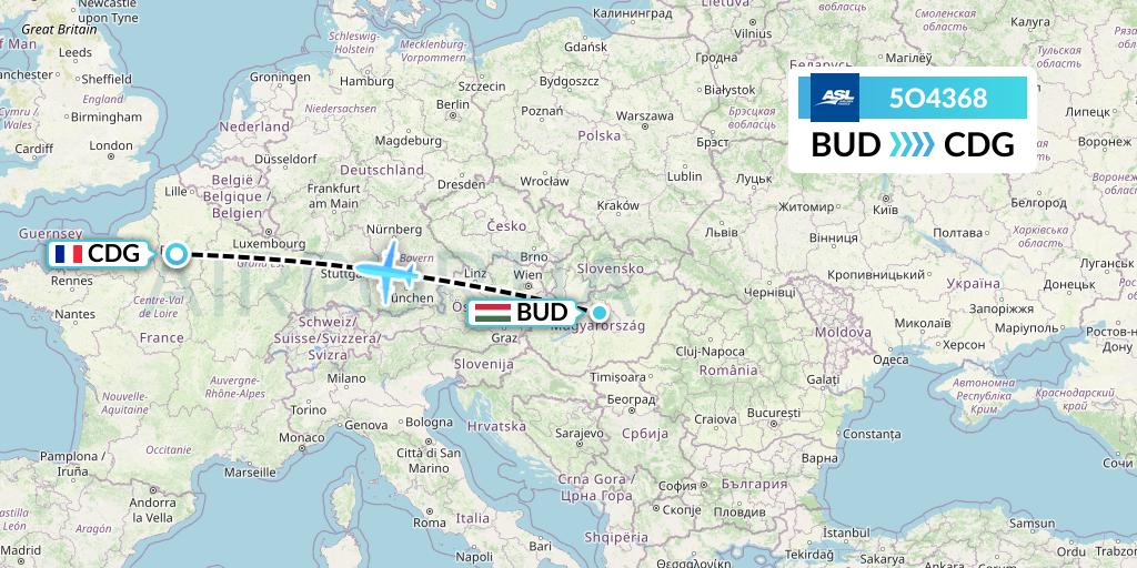 5O4368 ASL Airlines France Flight Map: Budapest to Paris