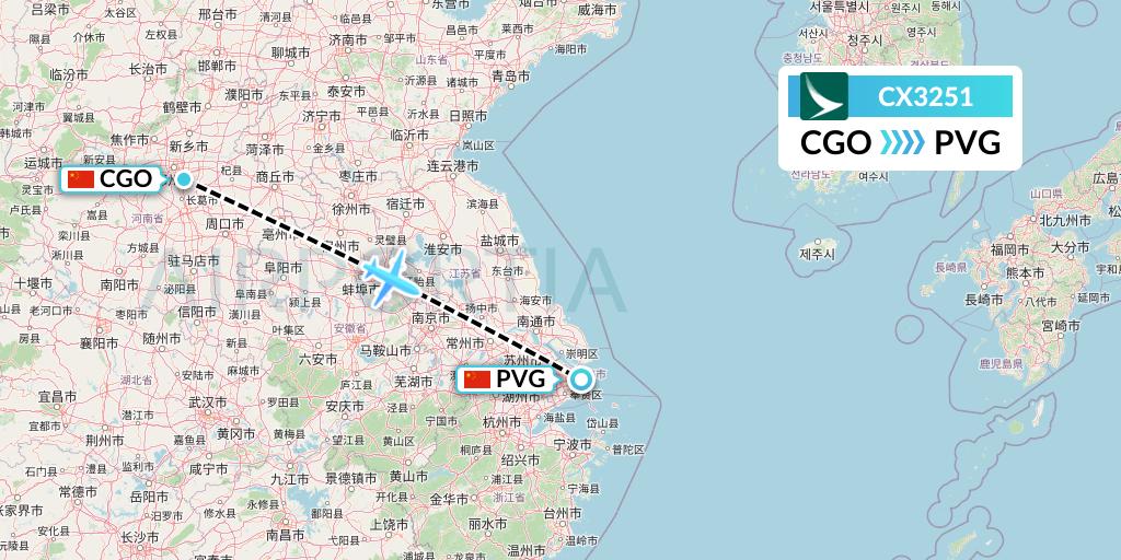CX3251 Cathay Pacific Flight Map: Zhengzhou to Shanghai