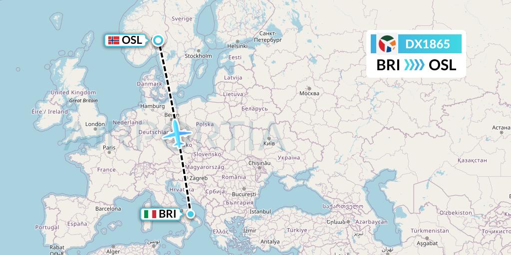 DX1865 Danish Air Transport Flight Map: Bari to Oslo