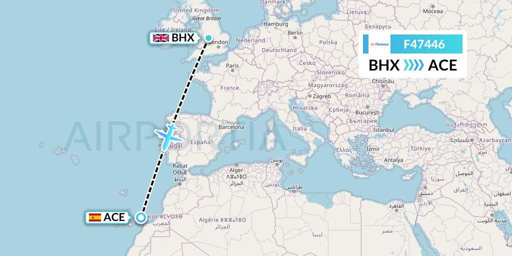 F47446 Air Flamenco Flight Map: Birmingham to Lanzarote