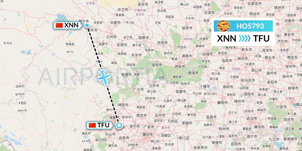 HO5793 Juneyao Airlines Flight Map: Xining to Chengdu