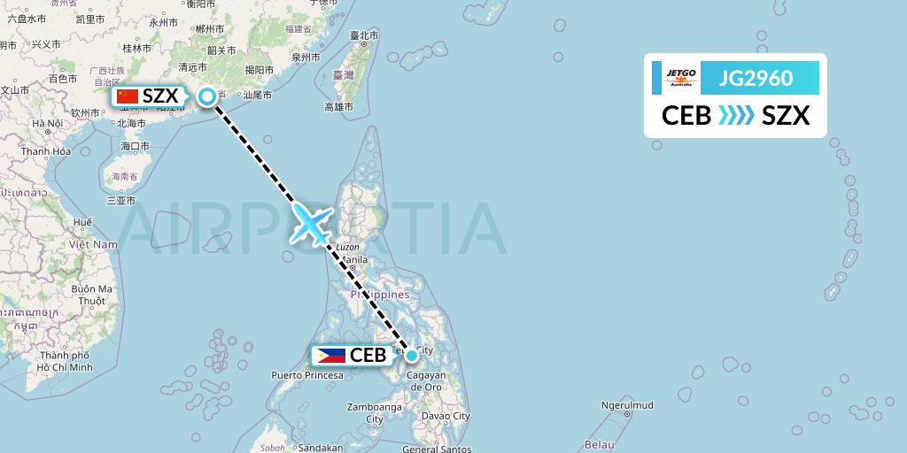 JG2960 JetGo Australia Flight Map: Cebu to Shenzhen