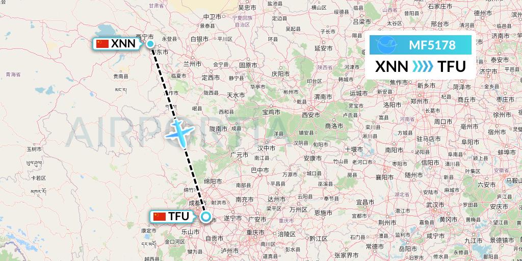 MF5178 Xiamen Airlines Flight Map: Xining to Chengdu