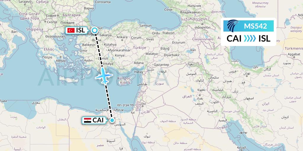 MS542 EgyptAir Flight Map: Cairo to Istanbul
