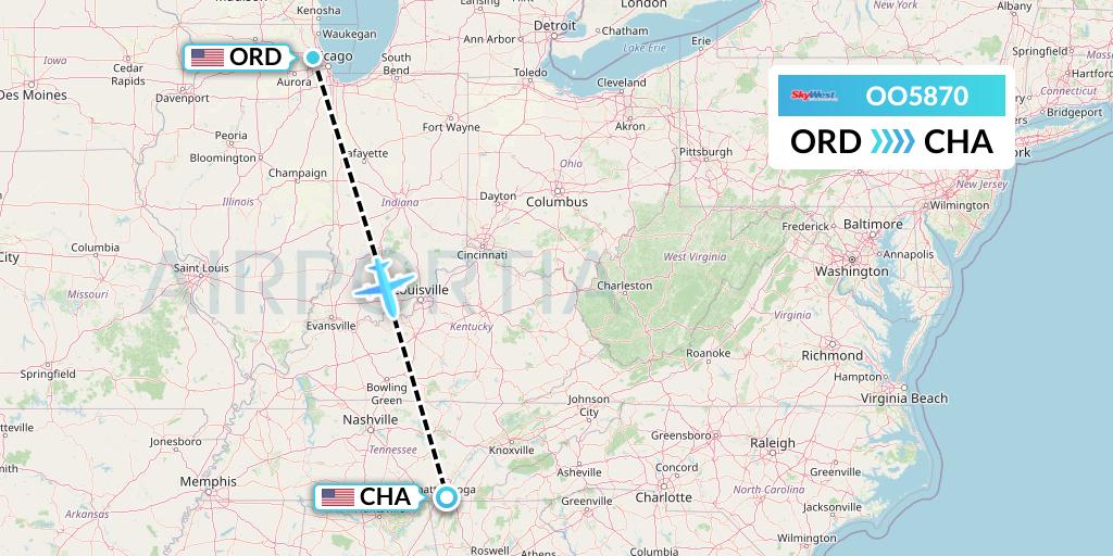 OO5870 SkyWest Airlines Flight Map: Chicago to Chattanooga