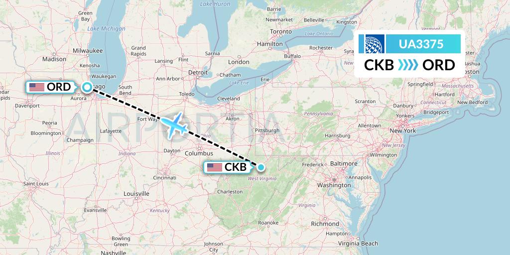 UA3375 United Airlines Flight Map: Clarksburg to Chicago