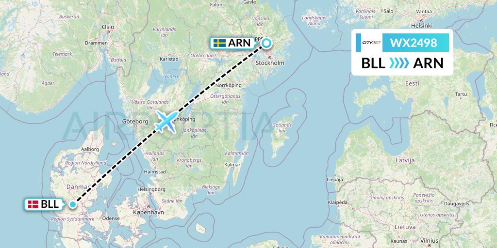 WX2498 Cityjet Flight Map: Billund to Stockholm