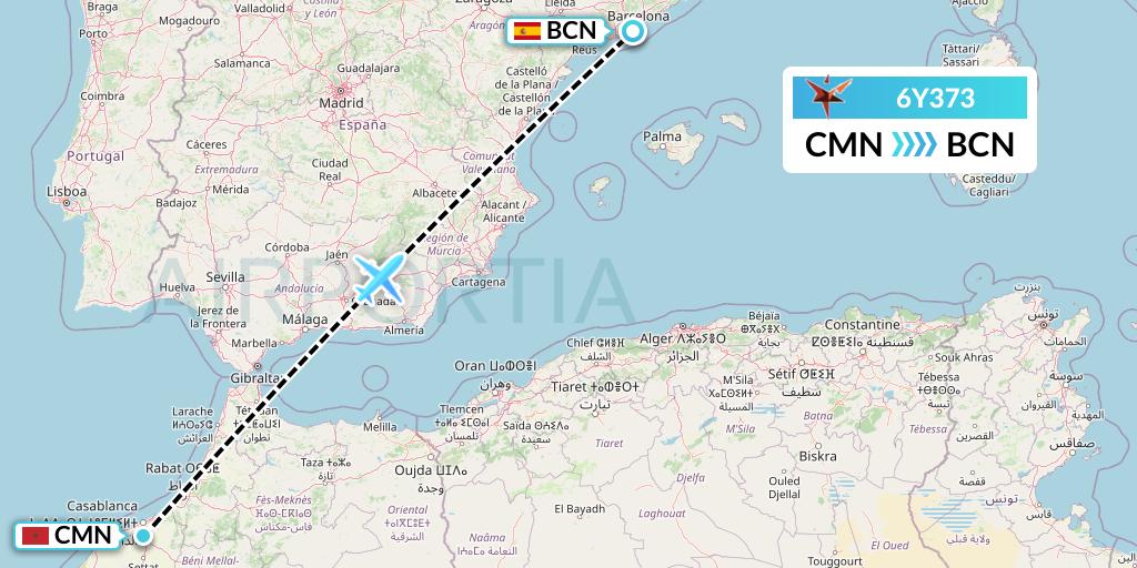 6Y373 SmartLynx Flight Map: Casablanca to Barcelona
