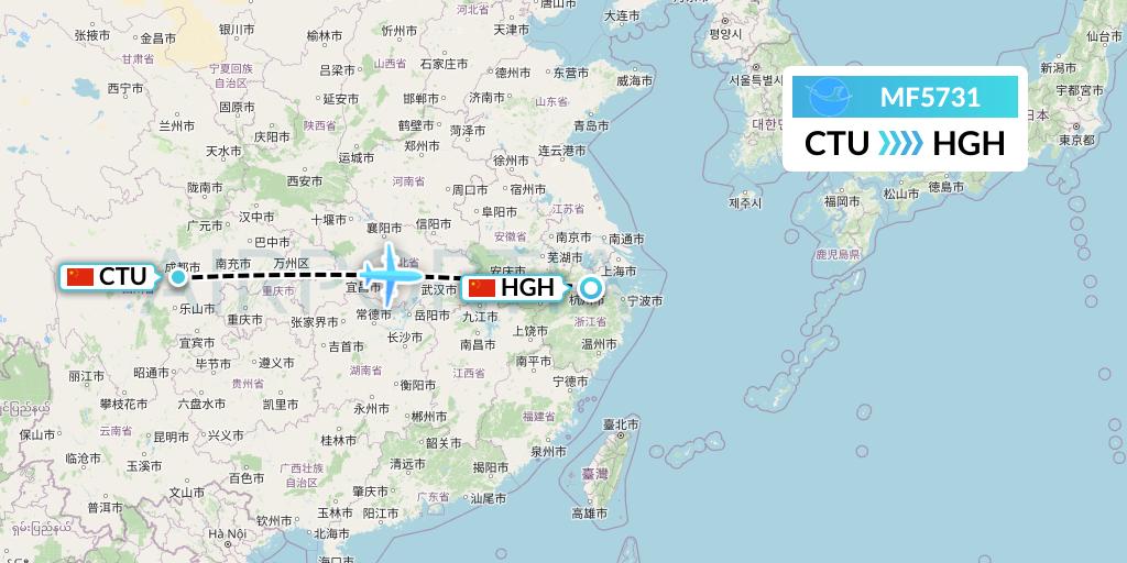 MF5731 Xiamen Airlines Flight Map: Chengdu to Hangzhou