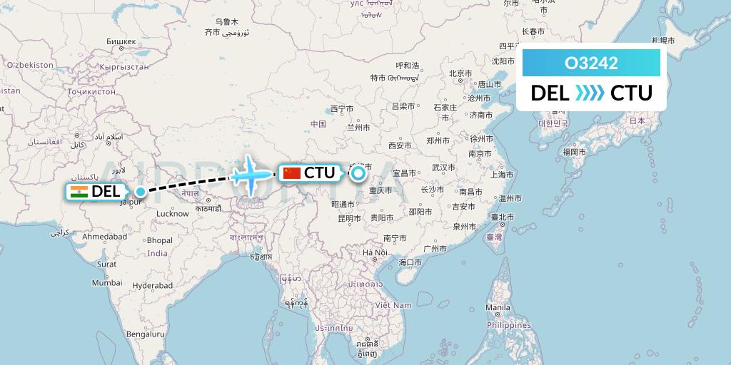 O3242 SF Airlines Flight Map: Delhi to Chengdu