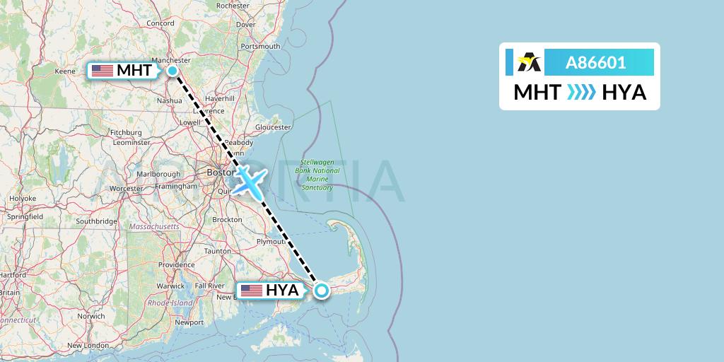 A86601 Aerolink Uganda Flight Map: Manchester to Hyannis