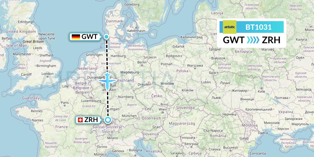 BT1031 Air Baltic Flight Map: Sylt to Zurich