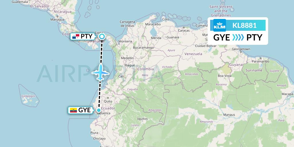 KL8881 KLM Flight Map: Guayaquil to Panama City