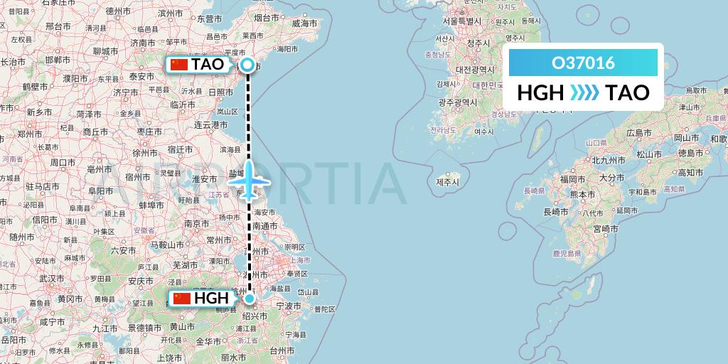 O37016 SF Airlines Flight Map: Hangzhou to Qingdao