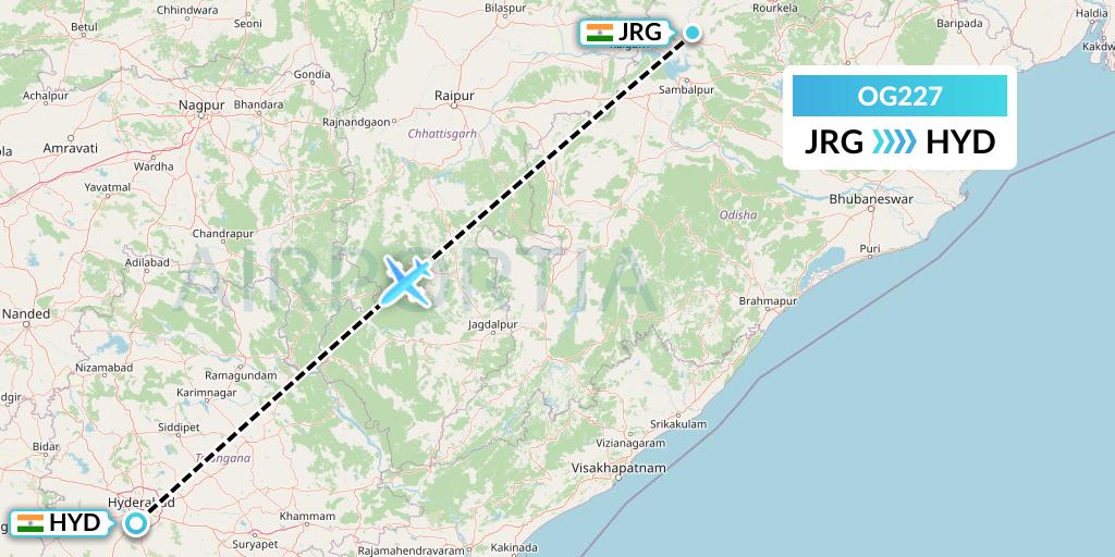 OG227 Fly Play Flight Map: Ranchi to Hyderabad