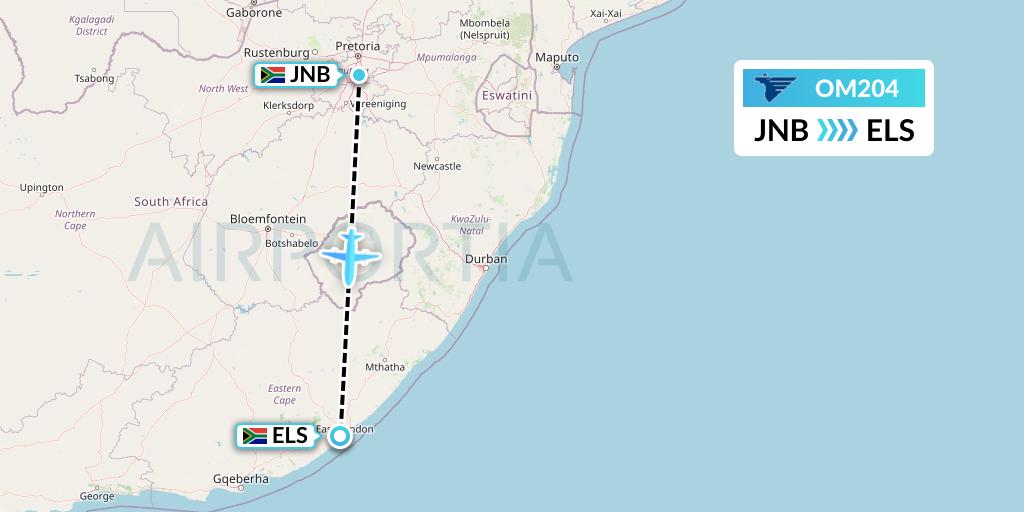 OM204 MIAT Mongolian Airlines Flight Map: Johannesburg to East London