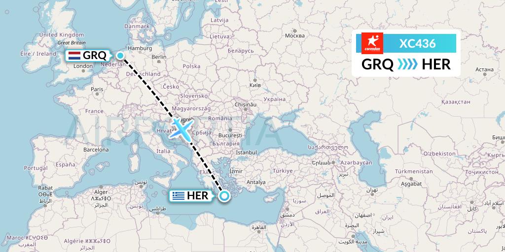 XC436 Corendon Airlines Flight Map: Groningen to Heraklion