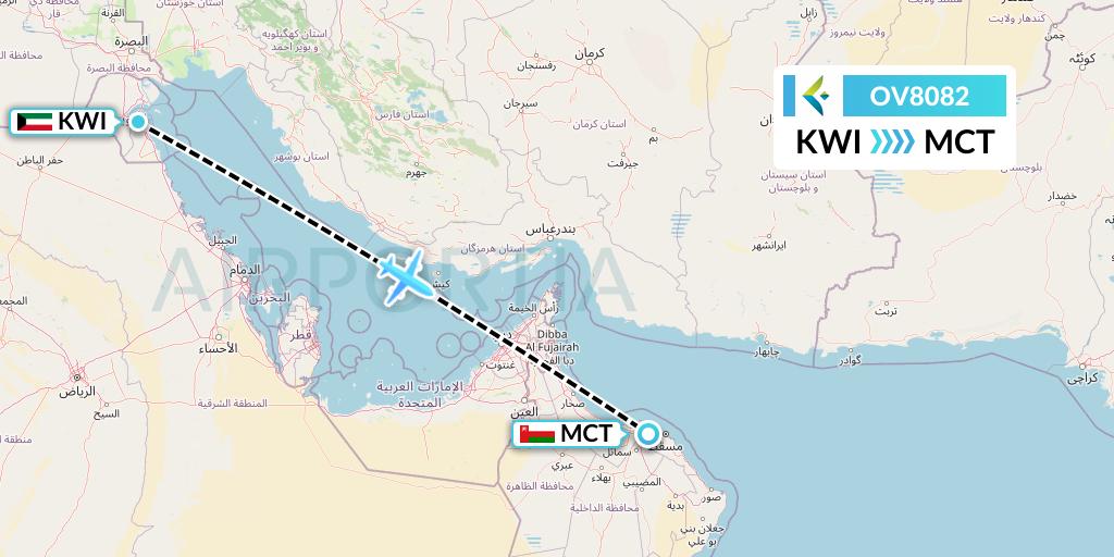 OV8082 SalamAir Flight Map: Kuwait City to Muscat