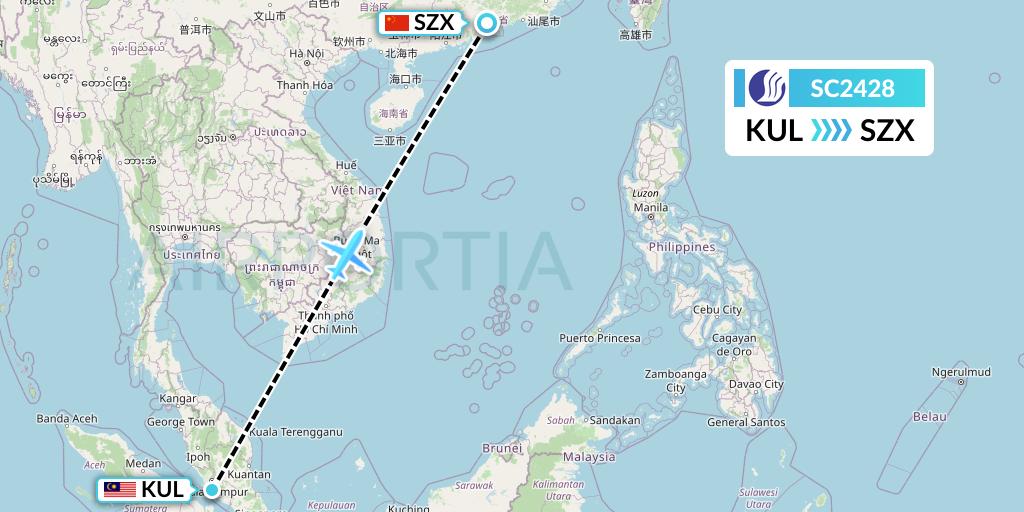 SC2428 Shandong Airlines Flight Map: Kuala Lumpur to Shenzhen