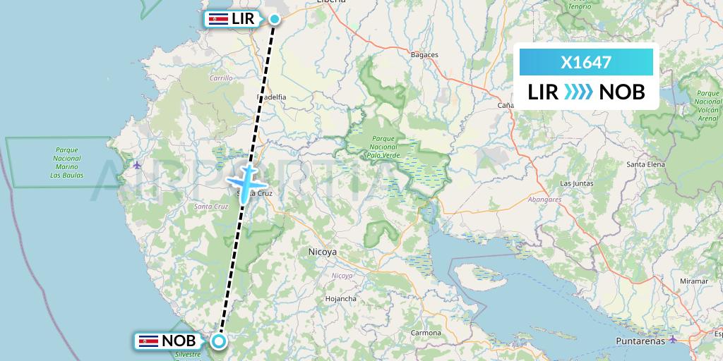 X1647 Nik Airways Flight Map: Liberia to Nicoya