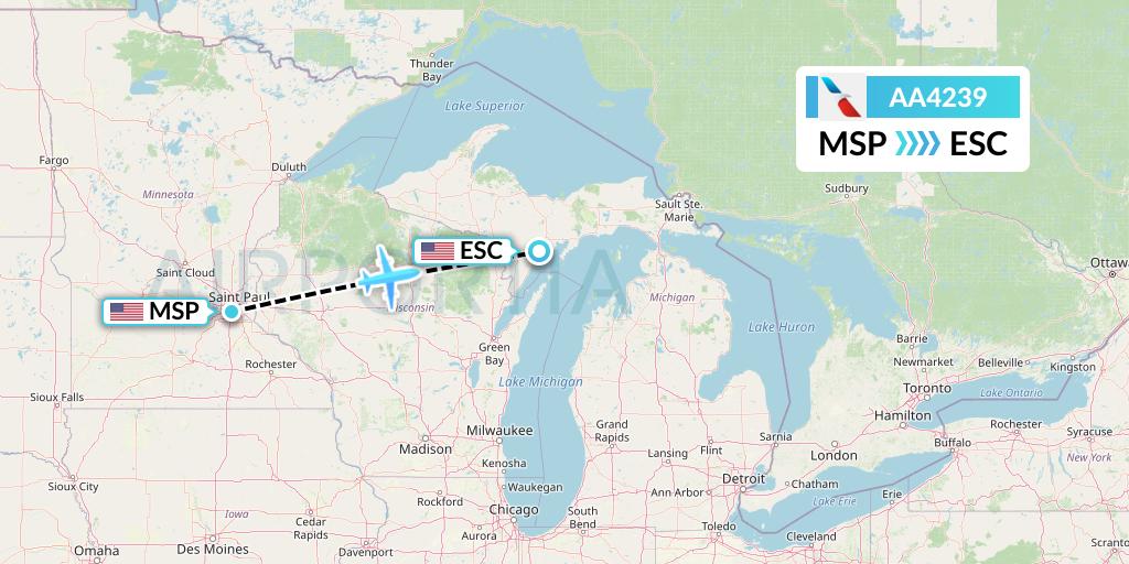 AA4239 American Airlines Flight Map: Minneapolis to Escanaba