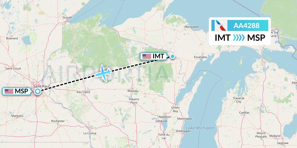 AA4288 American Airlines Flight Map: Iron Mountain Kingsford to Minneapolis