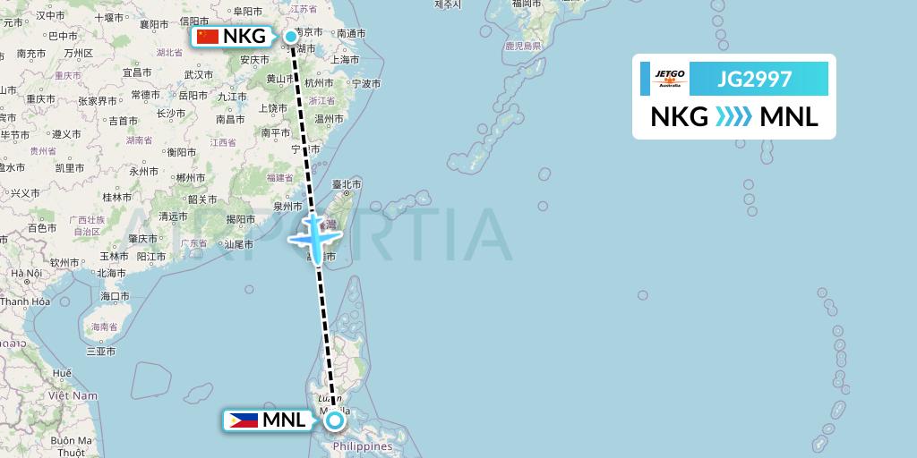 JG2997 JetGo Australia Flight Map: Nanjing to Manila