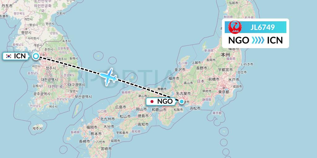 JL6749 Japan Airlines Flight Map: Nagoya to Seoul