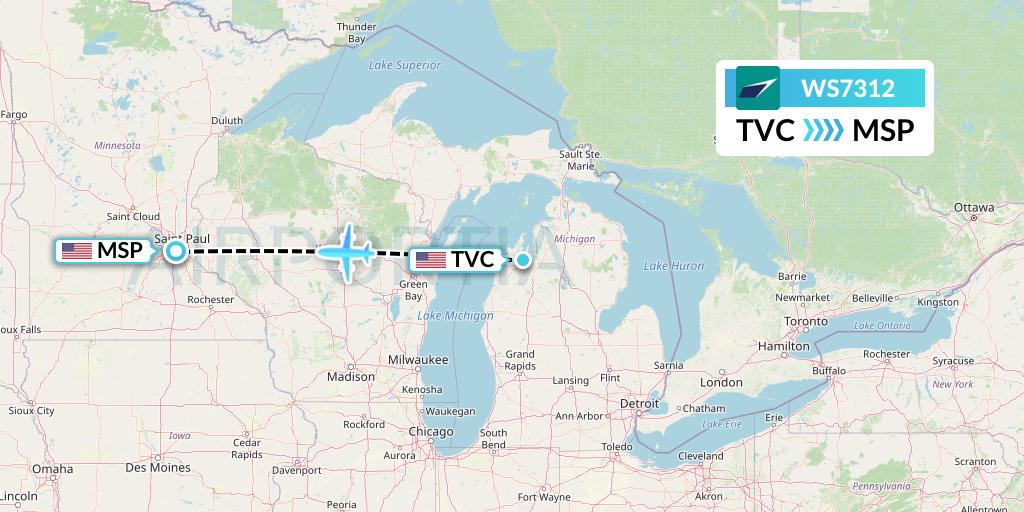 WS7312 WestJet Flight Map: Traverse City to Minneapolis
