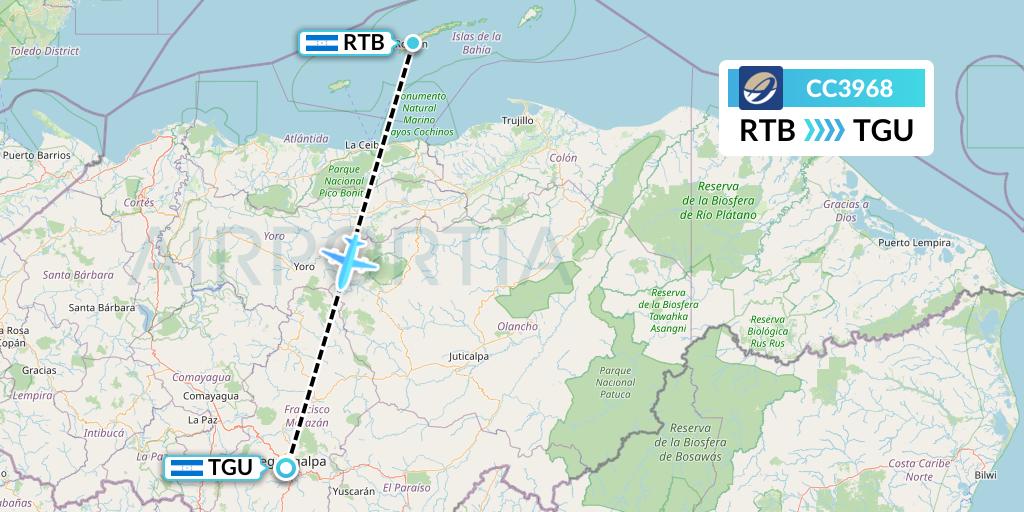 CC3968 CM Airlines Flight Map: Roatan to Tegucigalpa