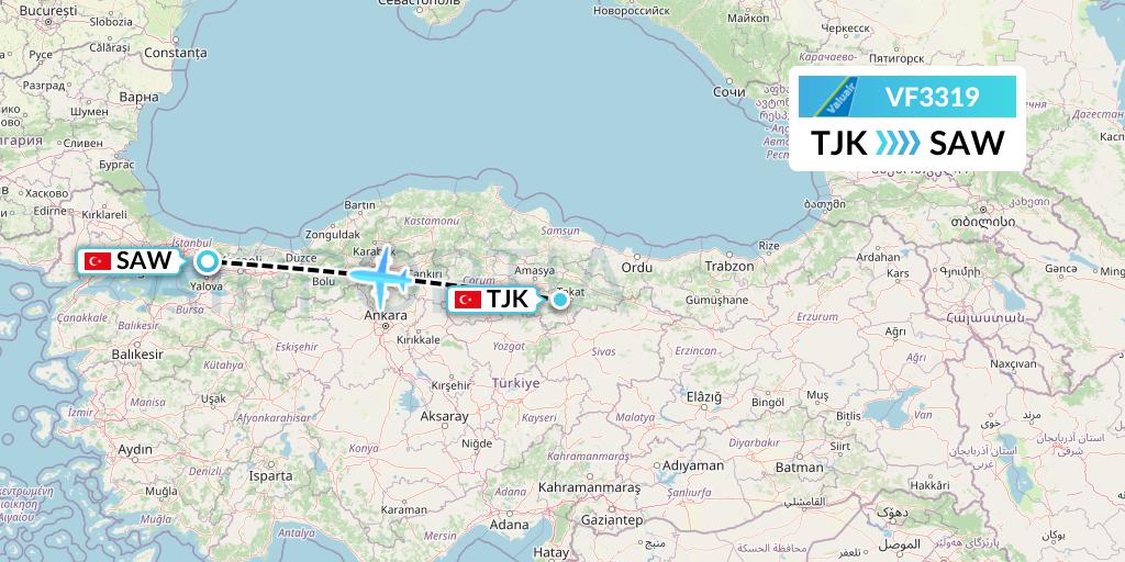 VF3319 ValuAir Flight Map: Tokat to Istanbul