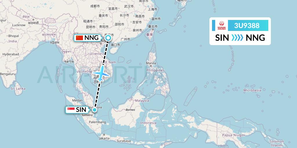 3U9388 Sichuan Airlines Flight Map: Singapore to Nanning