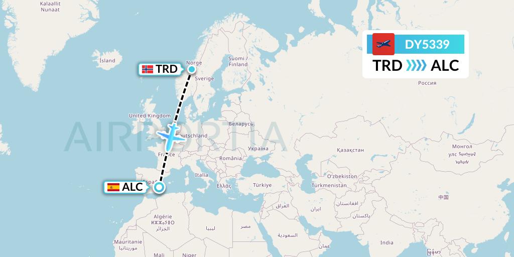 DY5339 Norwegian Flight Map: Trondheim to Alicante