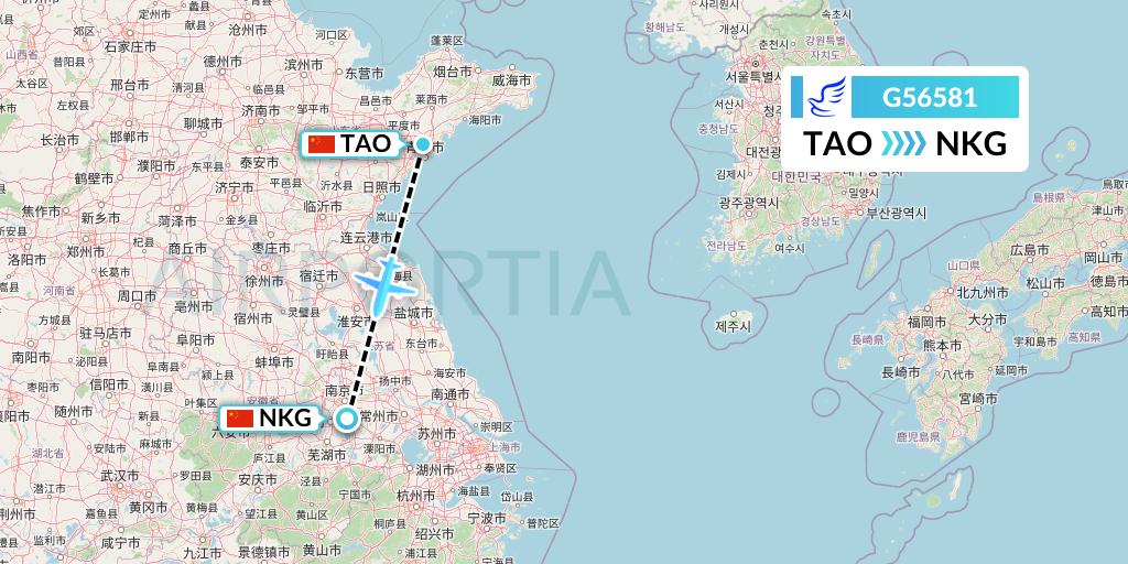 G56581 China Express Airlines Flight Map: Qingdao to Nanjing
