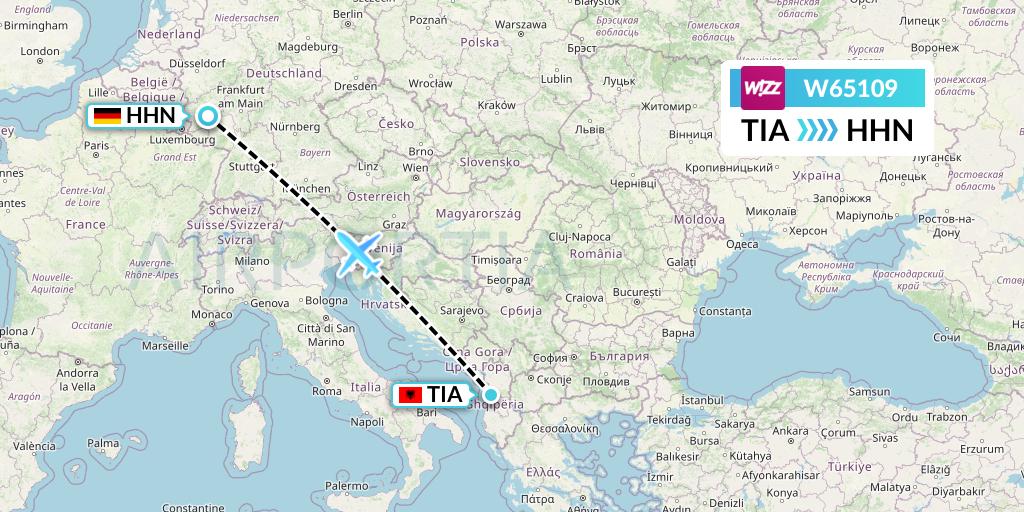 W65109 Wizz Air Flight Map: Tirana to Hahn