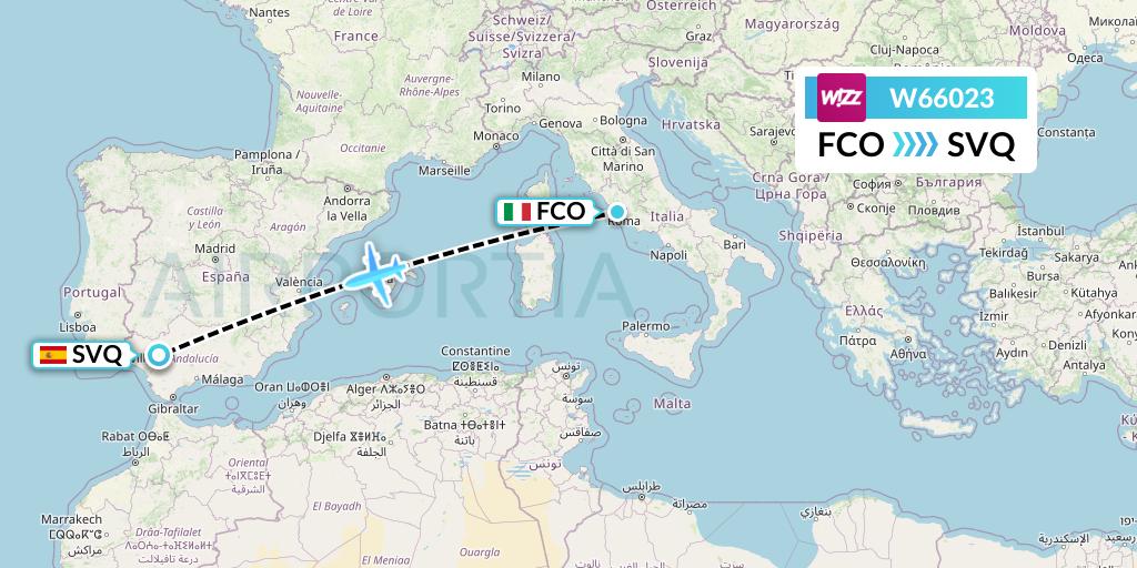 W66023 Wizz Air Flight Map: Rome to Seville