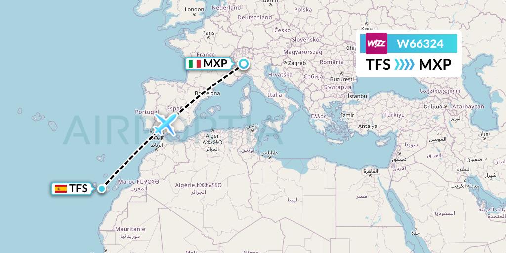 W66324 Wizz Air Flight Map: Tenerife to Milan