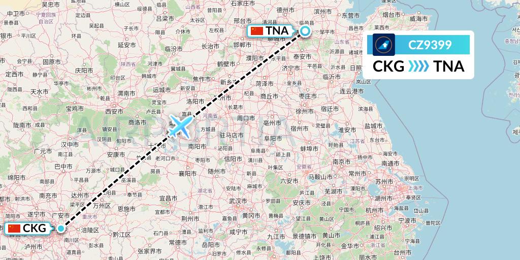 CZ9399 China Southern Airlines Flight Map: Chongqing to Jinan