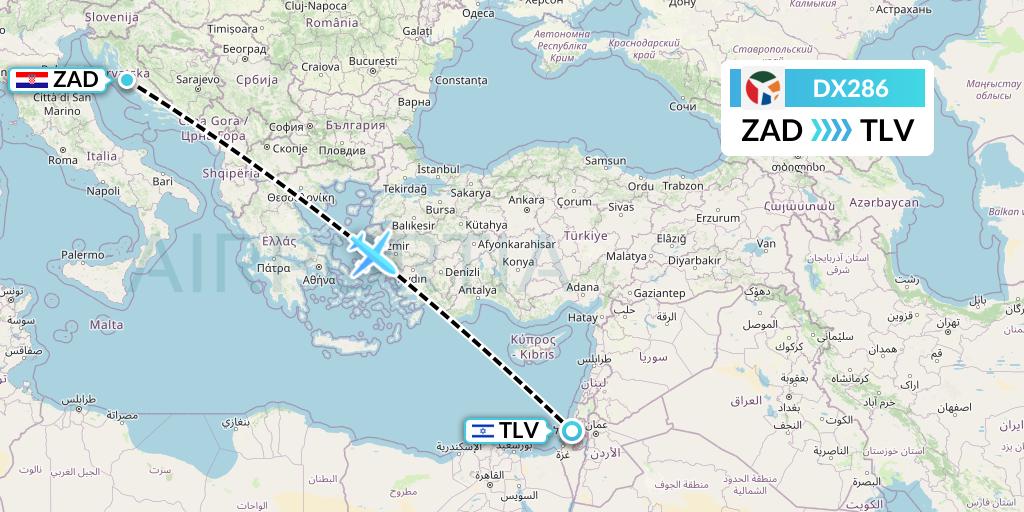 DX286 Danish Air Transport Flight Map: Zadar to Tel Aviv