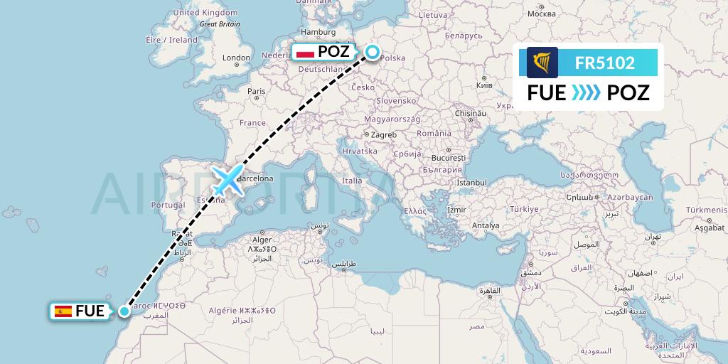FR5102 Ryanair Flight Map: Fuerteventura to Poznan
