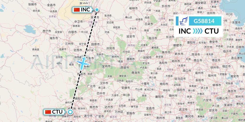 G58814 China Express Airlines Flight Map: Yinchuan to Chengdu