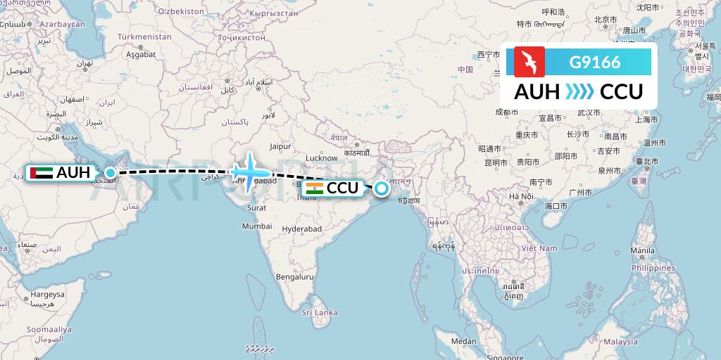 G9166 Air Arabia Flight Map: Abu Dhabi to Kolkata