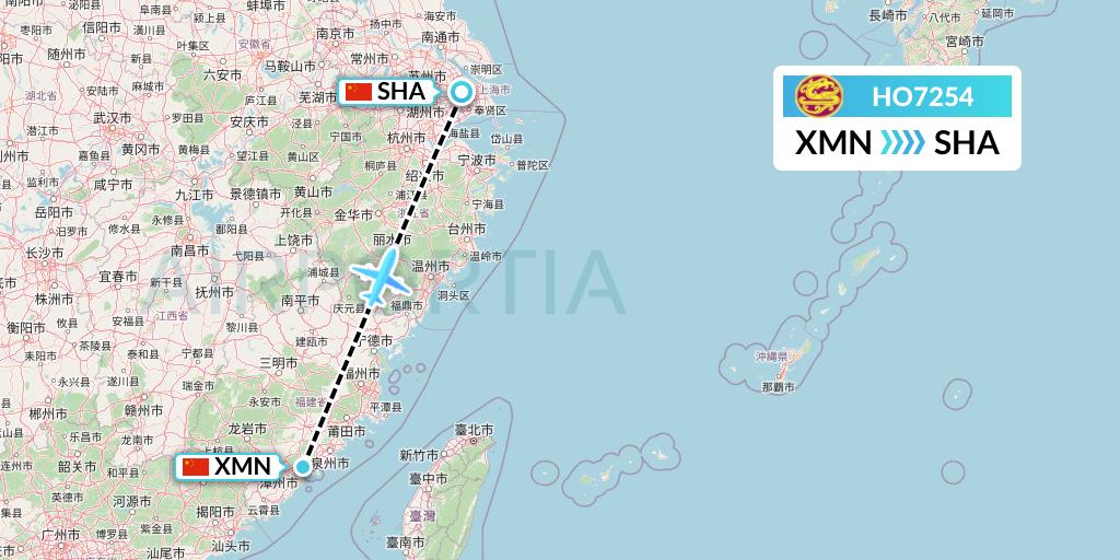 HO7254 Juneyao Airlines Flight Map: Xiamen to Shanghai