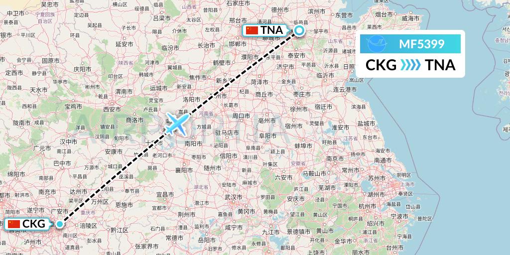 MF5399 Xiamen Airlines Flight Map: Chongqing to Jinan