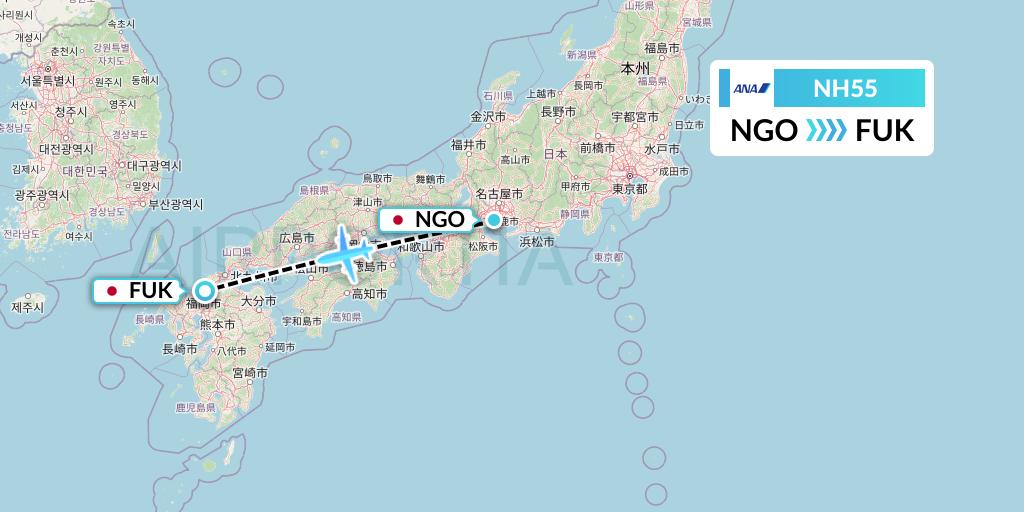NH55 All Nippon Airways Flight Map: Nagoya to Fukuoka